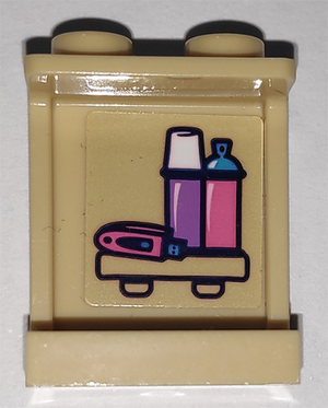 Tan LEGO panel 1x2x2 with sticker showing a pink USB flash drive, purple flask, and pink spray can.