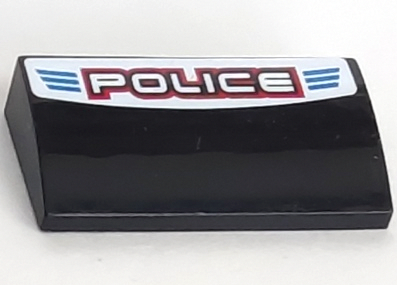 LEGO 88930pb011 - Helling, gebogen 2 x 4 x 2/3 met onderste tubes met blauwe lijnen en 'POLICE' met rode omtrek op witte achtergrond patroon (Sticker) - Set 8301