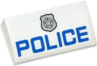 LEGO 88930pb041 - Helling, gebogen 2 x 4 x 2/3 met onderste tubes met blauw 'POLICE', zilver ster logo patroon (sticker) - Sets 60043 / 60047