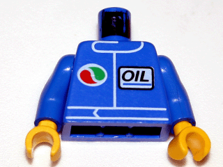 LEGO 973pb0106bc01 - Torso Octan Logo en cursief lettertype 'OIL' met omgekeerde kleuren patroon / Armen / Gele handen