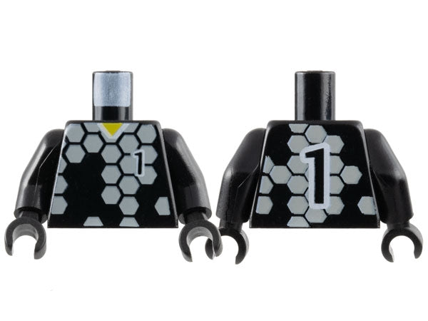 LEGO 973pb0166c01 - Torso voetbalshirt met lichtgrijze hexagonen, nummer 1, gele nekpatroon / armen / handen