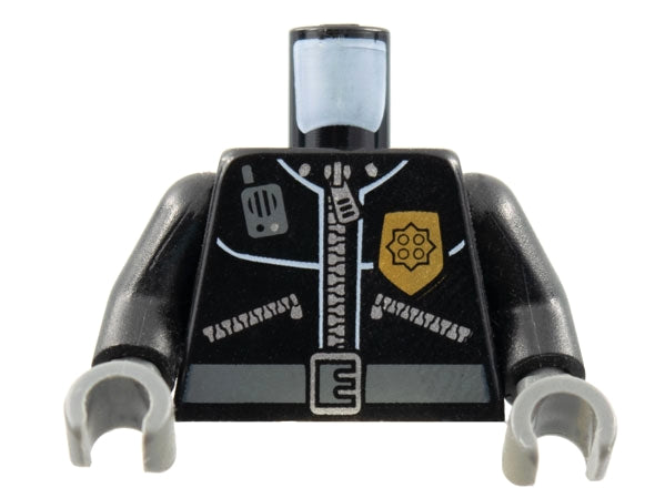 LEGO 973pb0261c01 - Politie-torso met leren jas, gouden badge, radio, riempatroon / Armen / Donkerblauwgrijze handen