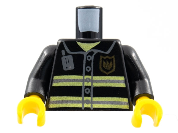 LEGO 973pb0300c01 - Torso brandweeruniform met gouden badge, zilveren reflecterende strepen, donker blauwgrijs radiopatroon / Armen / Gele handen