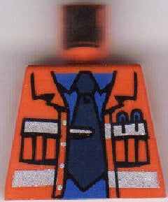 LEGO 973pb0415 - Torso Town Construction Jacket Open, Zilveren Reflecterende Strepen, Blauw Shirt, Donkerblauwe Stropdas Patroon