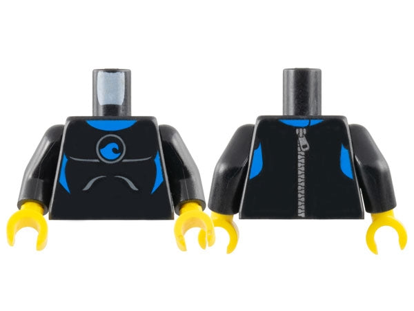 LEGO 973pb1435c01 - Torso wetsuit met blauwe kraag, panelen en golf logo, zilveren rits op rugpatroon / Armen / Gele handen