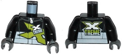 LEGO 973pb1893c01 - Torso met racejas en rits in lime, zilver en wit 'XTREME' patroon / armen / donkerblauwgrijze handen