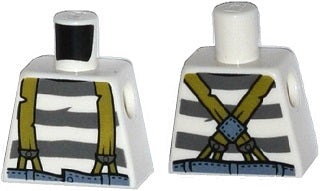 LEGO 973pb1909 - Torso Town Prisoner Olijfgroene bretels over shirt met donker blauwgrijs gevangenisstrepen patroon