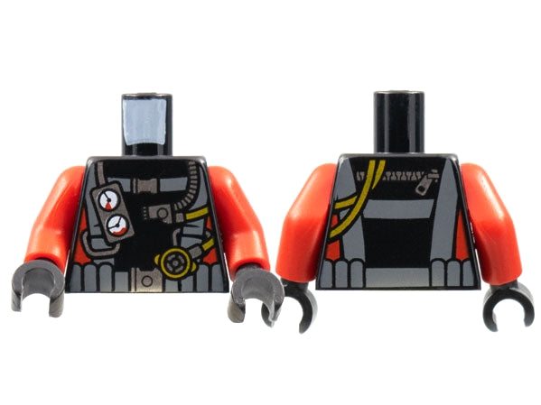 LEGO 973pb2015c01 - Torso duikpak met donker blauwgrijs harnas, meters voorop, slangen en rits achterop, rode strepen patroon / rode armen / handen