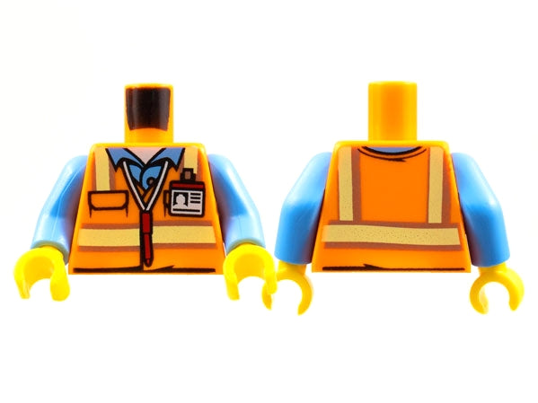 LEGO 973pb2017c01 - Torso Veiligheidsvest met Reflecterende Strepen over Medium Blauw Shirt, ID Badge, Rode Pen Om Hals Patroon / Medium Blauwe Armen / Gele Handen