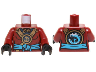 LEGO 973pb2090c01 - Torso Ninjago vrouwelijk met gouden banden, rond embleem, donkerazuur geknoopte sjerp en donkerblauw ondermouwpatroon / Armen / Zwarte handen