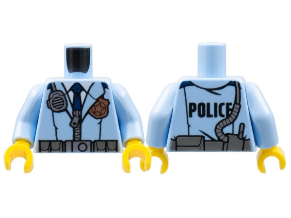 LEGO 973pb2169c01 - Torso Politie Mannenjas met Rits, Donkerblauwe Stropdas, Gouden Badge, Radio en 'POLICE' Patroon op Rug / Armen / Gele Handen