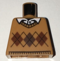 LEGO 973pb2342 - Torso gebreide ruitjestrui met donkerbruine en roodbruine ruiten en zwarte stiksels over witte overhemd met kraag en knoopsluiting