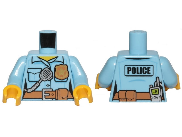 LEGO 973pb2663c01 - Torso Politievrouw met gouden badge, donkerbruine riem met zak en 'POLICE' en radio op rug patroon / Armen / Gele handen