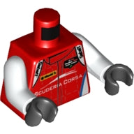 LEGO 973pb3120c01 - Torso Speed Champions met 'Sabelt'-logo op schouders en 'SCUDERIA CORSA'-logo voor en achter / Witte armen / Zwarte handen