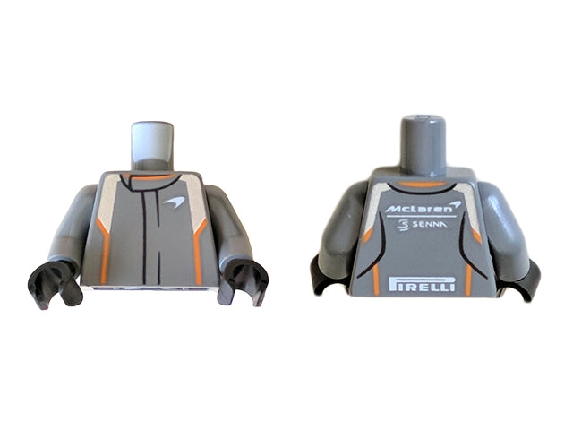 LEGO 973pb3505c01 - Torso racesuit met oranje en zilveren strepen, 'McLaren', 'SENNA' en 'PIRELLI' logo patroon / Armen / Zwarte handen