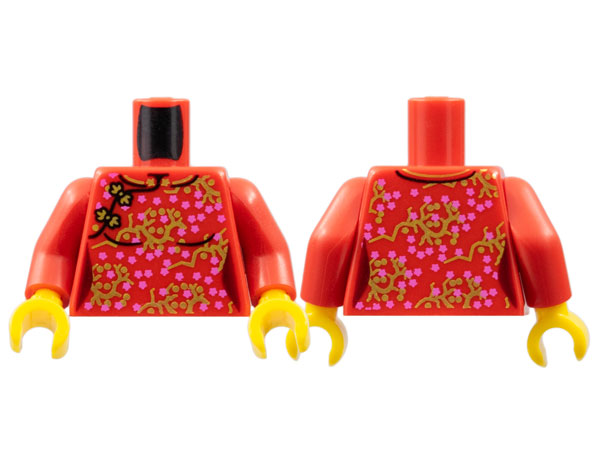 LEGO 973pb4620c01 - Vrouwentorso met Oosterse jurk en donkerroze bloemen op gouden takken patroon (BAM) / Rode armen / Gele handen