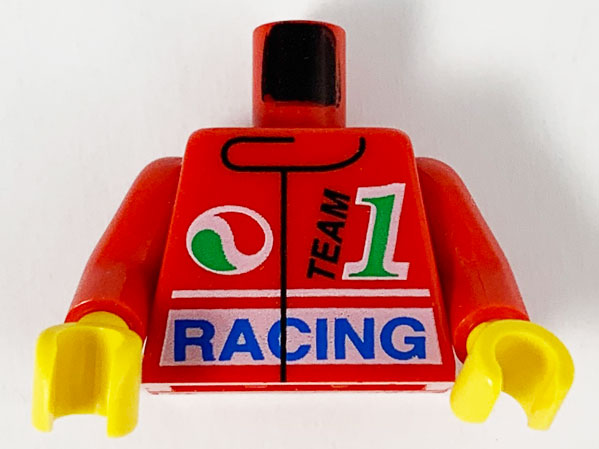 LEGO 973px36c01 - Torso Jacket met Octan Logo, zwart 'TEAM', groen nummer 1, blauw 'RACING' patroon / Armen / Gele handen