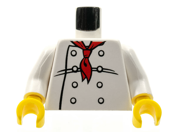 LEGO 973px4c01 - Torso Chef met 8 Knopen, Lange Rode Halsdoek, Zwart Rimpelpatroon / Armen / Gele Handen