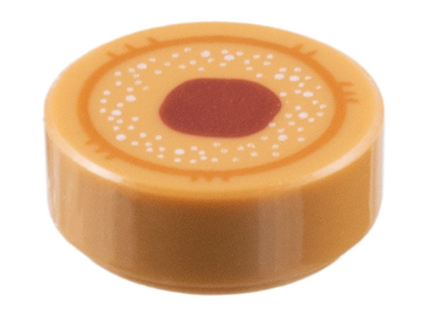 LEGO 98138pb057 - Ronde tegel 1 x 1 met donkeroranje cirkel, witte stippen en donkerrode stip patroon