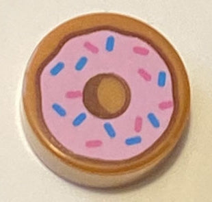 LEGO 98138pb182 - Ronde tegel 1 x 1 met donut patroon in Bright Pink Frosting en Dark Azure en Dark Pink Sprinkles