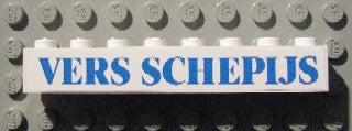 LEGO 3008pb088 - Steen 1 x 8 met blauw 'VERS SCHEPIJS' tekstpatroon (sticker) - Set 1592 (Nederlandse versie)