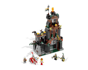 LEGO Castle 7947 Prison Tower Rescue set with a dark medieval tower, knight minifigures, a princess, and a horse.