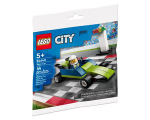 LEGO City 30640 Race Car polybag featuring a blue and green race car with a minifigure driver on a race track background.