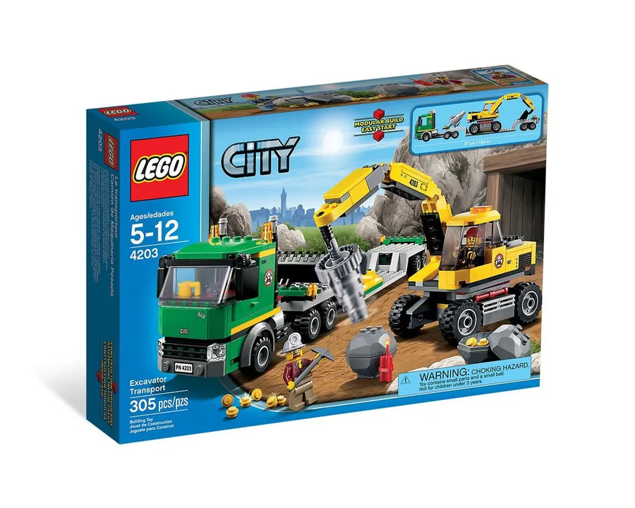 LEGO City 4203 Excavator Transport box featuring a green truck, a yellow excavator, minifigure, and rocks.