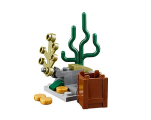LEGO Deep Sea Starter Set build featuring green coral, an olive plant, a brown crate, and gold coins on a grey seabed.