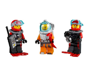 Three LEGO deep-sea diver minifigures with various gear: radio, crowbar, and camera, on a white background.