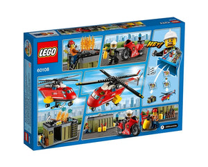 Back of LEGO City 60108 Fire Response Unit box showing firefighting scenes with helicopters, motorbike, and minifigures.