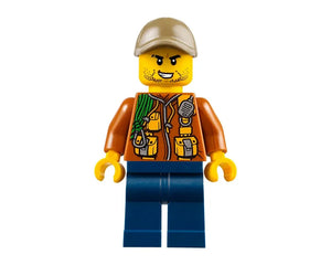 LEGO male minifigure wearing a tan cap, brown jacket with climbing gear and radio, yellow head with stubble, blue legs.
