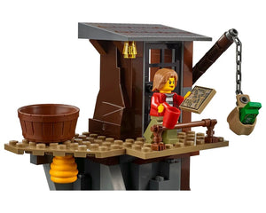 LEGO City minifigure with map, red mug, and money bag on a mountain hut platform with bucket and beehive.