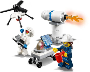LEGO City 60230 Space Research and Development set with drone, hazmat minifigure, laser cannon, and scientist minifigure.
