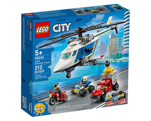 LEGO City 60243 Police Helicopter Chase box showing a police helicopter, a red truck with a safe, an ATV, and a motorbike.