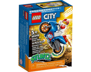 LEGO City 60298 Rocket Stunt Bike box, featuring a blue stunt motorcycle with a minifigure rider doing a wheelie.