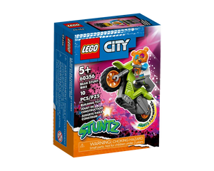 LEGO City 60356 Bear Stunt Bike box. Features a lime green motorcycle with a bear minifigure doing a wheelie on a colorful background.