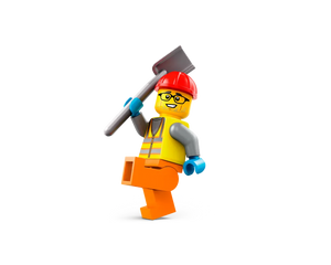 LEGO City construction worker minifigure in red hard hat, yellow safety vest, and orange pants, holding a shovel.