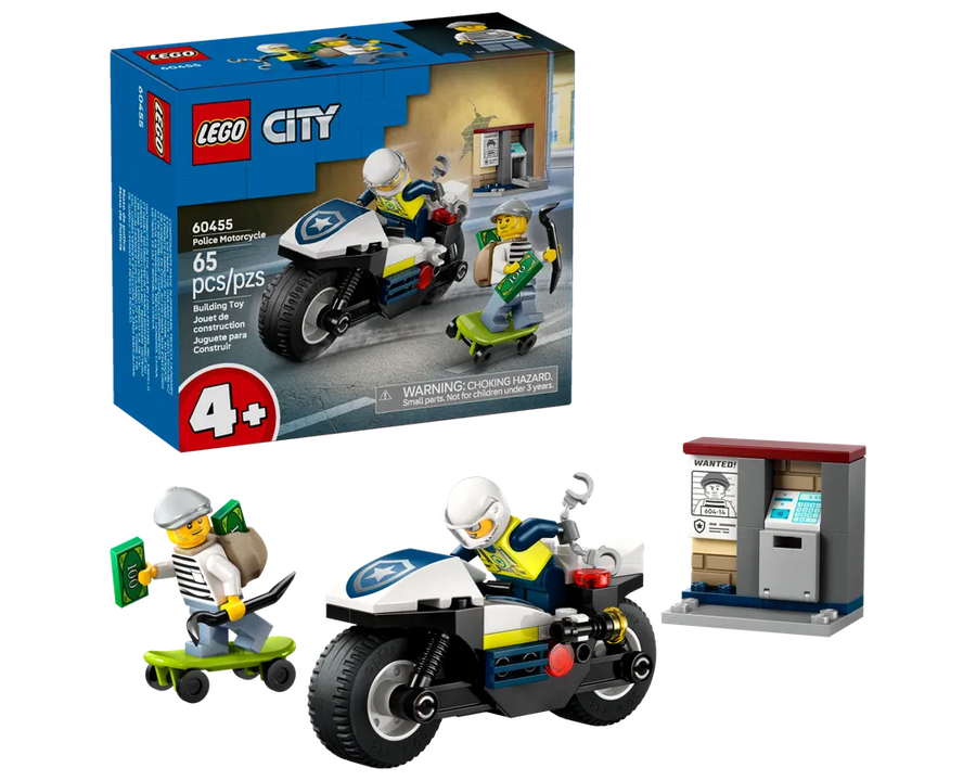 LEGO City 60455 Police Motorcycle set with a police officer on a motorcycle, a thief on a skateboard, and an ATM.