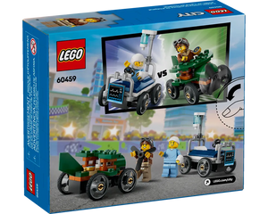Back of LEGO City 60459 box: Airplane vs. Hospital Bed. Shows minifigures racing vehicles and individual builds.