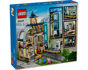 LEGO City 60469 Central Train Station box back, showing the station model with clock tower, train platform, cafe, mini-train, and minifigures.