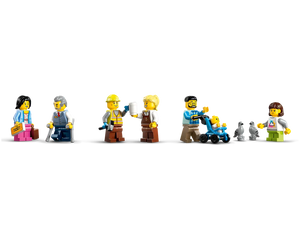 LEGO City 60469 minifigures: woman with ticket and suitcase, man with crutches, builder, barista, father with stroller and baby, 2 pigeons, woman.