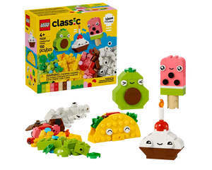 LEGO Classic 11039 Creative Food Friends set box with built avocado, watermelon popsicle, taco, cupcake, and loose bricks.