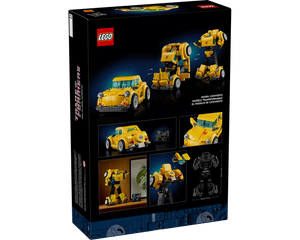 Back of LEGO Creator 10338 Bumblebee set box, featuring the yellow convertible robot model, its transformation, and specifications.