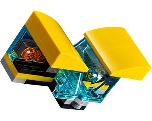LEGO Creator 10338 Bumblebee model with yellow panels open, revealing translucent blue, black, and orange internal components.
