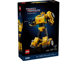 LEGO Icons 10338 Transformers Bumblebee set box, showing yellow robot mode with a blaster.