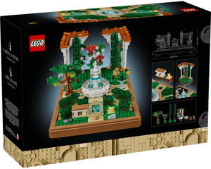 Back of LEGO Creator 10359 Fountain Garden box showing the built model with a central fountain, trees, flowers, and archways.