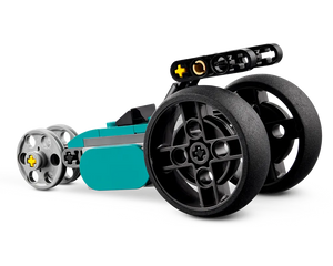 Teal, grey, and black three-wheeled LEGO vehicle, an alternate build from the LEGO Creator 31135 Vintage Motorcycle set.
