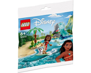 LEGO Disney 30646 Moana's Dolphin Cove polybag showing Moana, Pua, a dolphin, palm tree, and a slide.