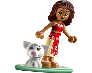 LEGO Disney Moana Friends-style minifigure with her pig Pua on a green baseplate. Moana wears red and tan outfit.